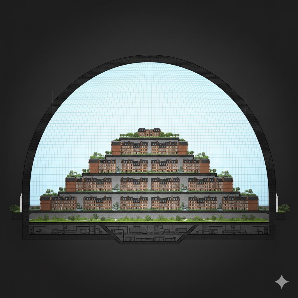 Side view of interior of 200 meter dome 120 meters high